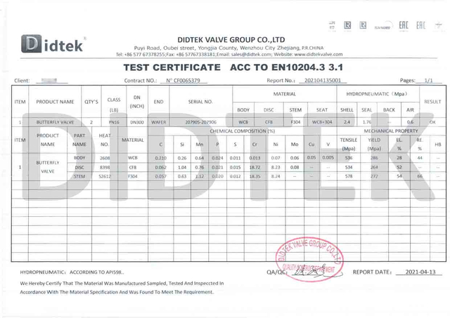 Certificado de teste de v&aacute;lvula borboleta ACC para en10204.3 3