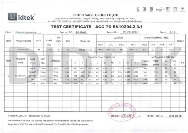 Certificado de teste da v&aacute;lvula de porta ACC para en10204.3 3